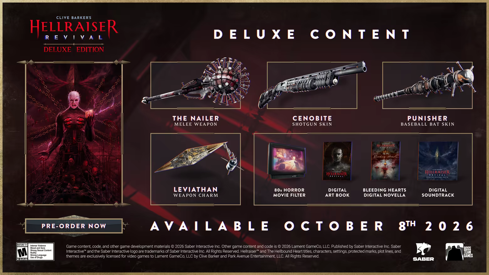 Hellraiser: Revival Deluxe content board showing The Nailer melee weapon, Cenobite shotgun skin, Punisher bat skin, Leviathan charm, movie filter and three digital extras.